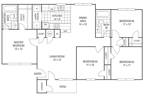 Floor plan for 4 beds, 2 baths, 1275 sqft
